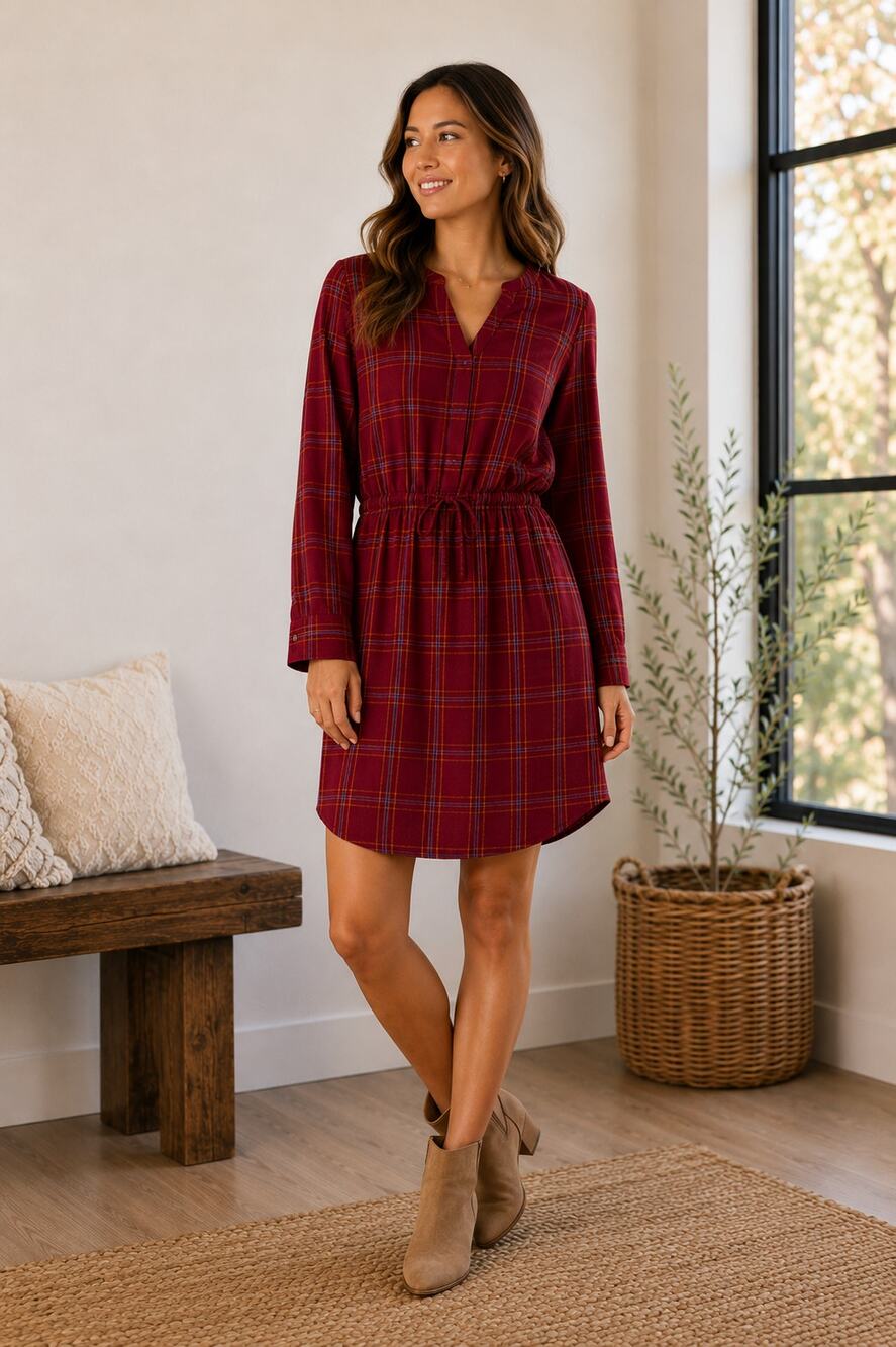 Prana Red Flannel Casual Organic Cotton Loop To Pines Popover Long Sleeve Dress